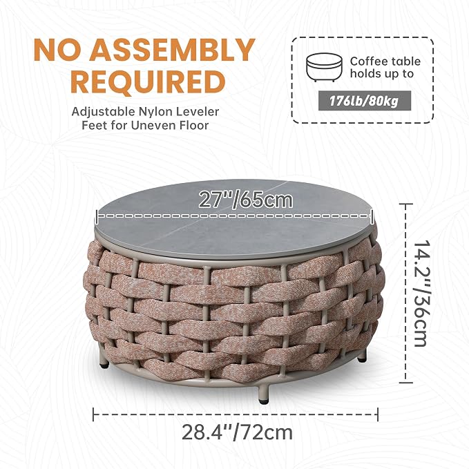 Short Round Patio Coffee Table: Hand Woven Rope Side Tables Assembled - Aluminum Outdoor Accent Table Modern - Metal Porch Furniture for 176lbs Deck Garden Balcony Hotel φ25.6''/65cm, Terracotta