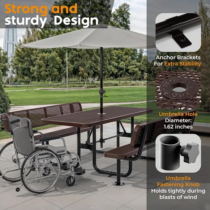 Commercial Heavy-Duty Metal Picnic Table with Backrest - ADA Compliant, Adjustable Seats, Umbrella Hole, Expanded Metal (Brown, 6' Rectangular with Back)