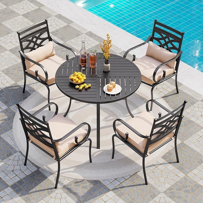 PHI VILLA Patio Dining Set, Round Metal Table | Metal chairs, Beige, Umbrella Hole, Cushions, E-coated