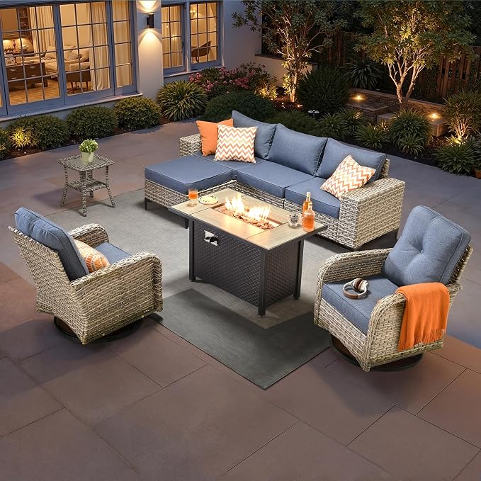 HOOOWOOO 8 Pieces Patio Furniture Set,L Shaped Outdoor Sectional Couch with Fire Pit Table, PE Wicker All Weather Outside Conversation Set with Sofa Swivel Chiars Solar Table Ottoman,Denim Blue