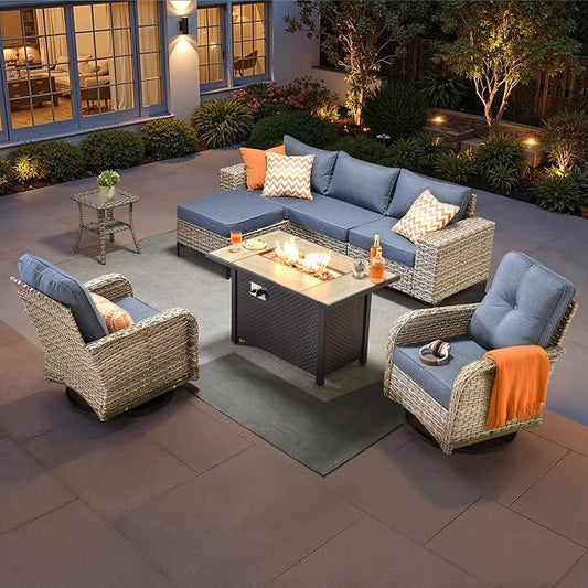 HOOOWOOO 8 Pieces Patio Furniture Set,L Shaped Outdoor Sectional Couch with Fire Pit Table, PE Wicker All Weather Outside Conversation Set with Sofa Swivel Chiars Solar Table Ottoman,Denim Blue