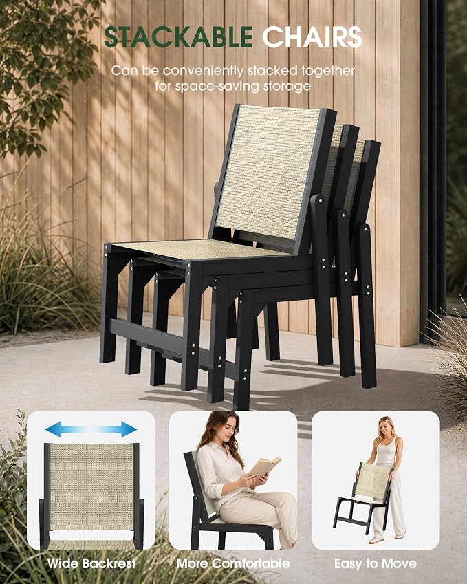 HDPE Outdoor Patio Dining Set with Table & 4 Stackable Armless Textilene Chairs, All-Weather 5-Piece Dining Table Set with Umbrella Hole, Patio Furniture for Garden, Poolside, Backyard, Deck | Black