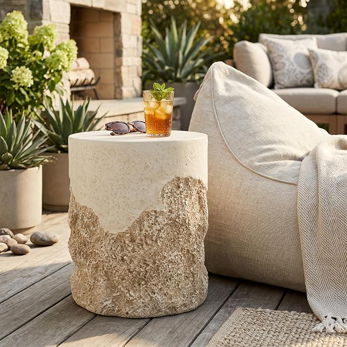Outdoor MGO Side Table, Rugged Coral-Texture Round Accent Table, Beige Neutral Finish, Lightweight & Sturdy Patio, Balcony, Poolside, Bohemian & Coastal Homes, Fully Assembled