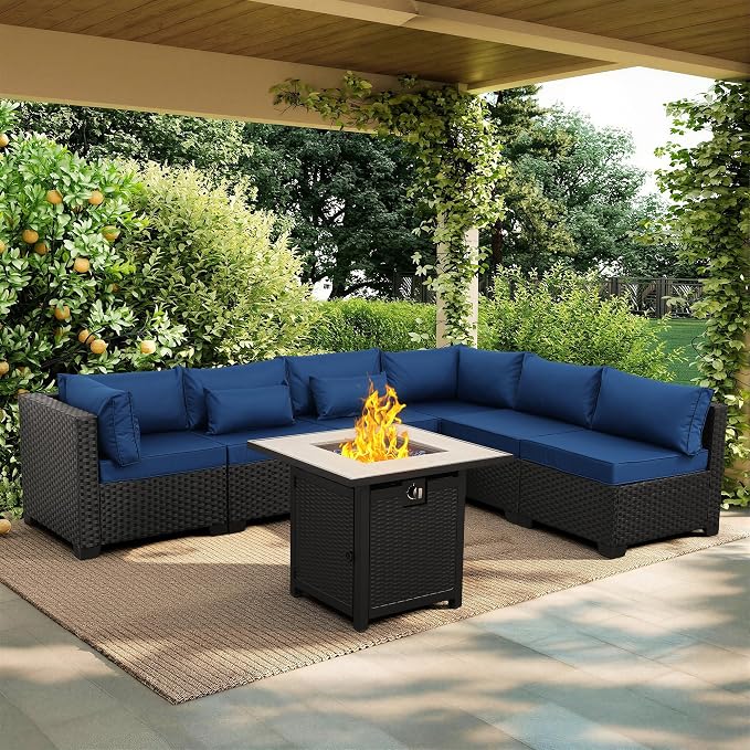 Valita Patio Furniture Set 30 Inches Fire Pit 7-Piece Outdoor Sectional Patio Couch 50000 BTU Steel Propane Fire Pit Table with No-Slip Cushions and Waterproof Cover, Navy Blue