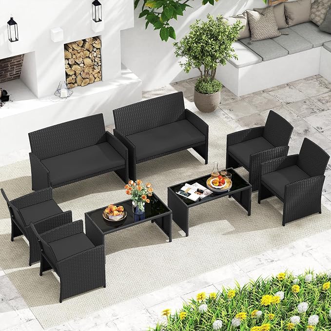 HAPPYGRILL 4 Piece Rattan Wicker Patio Conversation Set, Outdoor Furniture with Chair Loveseat Table & Cushion, for Backyard Porch Balcony (2, Black & Black)
