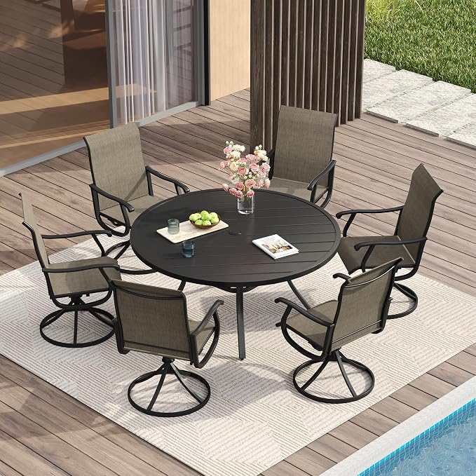 VICLLAX Patio Dining Set for 6, 7 Pieces Outdoor Furniture Includes 47.2" Round Patio Table with Umbrella Hole and 6 Outdoor Swivel Chairs for Lawn Garden, Black Tabletop and Mixed Brown Fabric