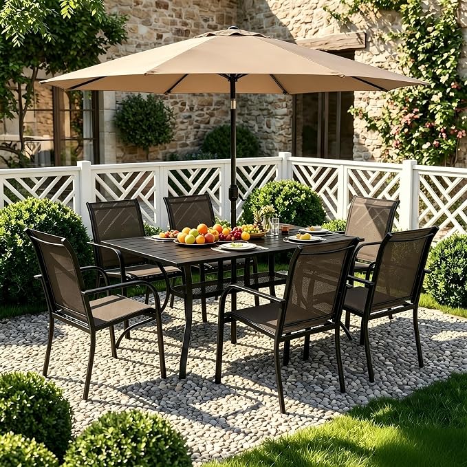 Crownland 7 Piece Patio Dining Set, Textilene Dining Sets, 6 Textilene Metal Chairs and Rectangular Outdoor Dining Table with Khaki 9FT Round Outdoor Umbrella (Brown)