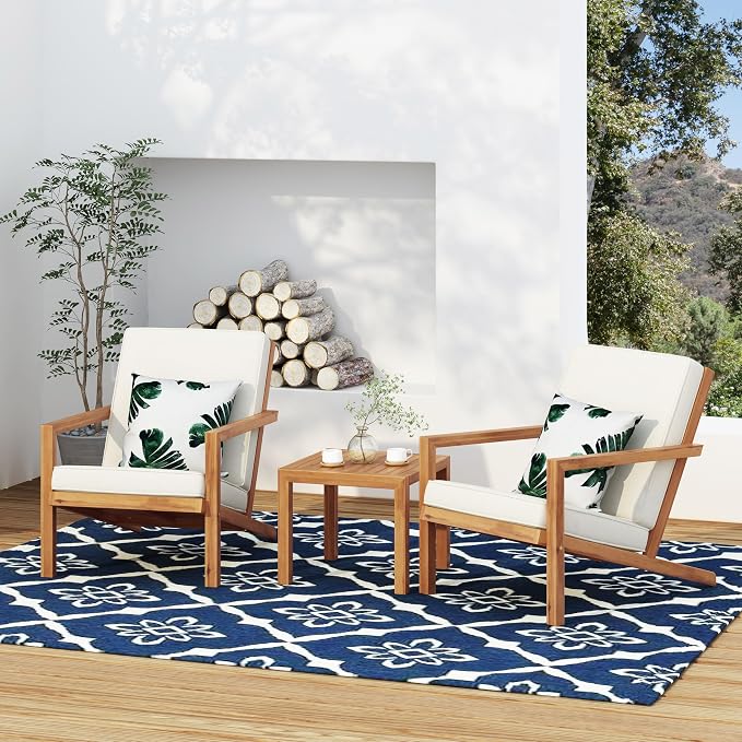 Christopher Knight Home Leah 2-Seater Acacia Wood Outdoor Patio Furniture Set, Outdoor Conversation Chat Set with Cushion, Adirondack Chairs Set of 2 + Side Table Set for Backyard Balcony, Teak+Beige