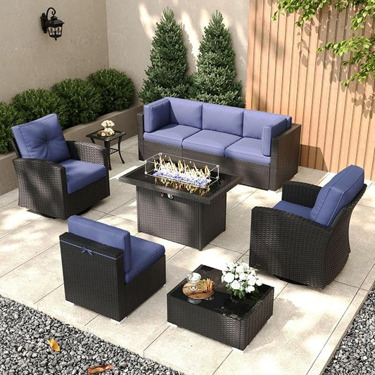 Patio Furniture Set with Fire Pit Table, 9 Pieces Outdoor All-Weather Wicker Conversation Sectional Chair Sofa Set with 2 Swivel Chairs