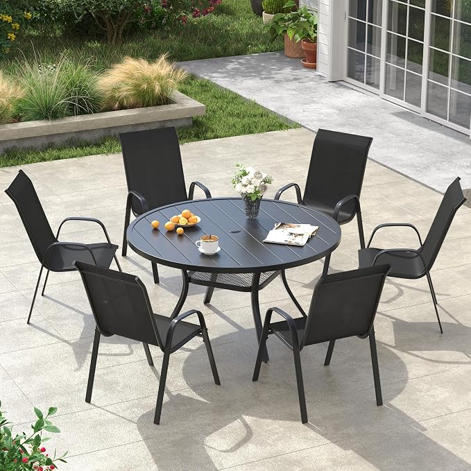 VICLLAX Round Patio Dining Set for 6, Metal Slatted Patio Table with Umbrella Hole and Stackable Patio Chairs for Deck Lawn Garden, Black Fabric and Black Tabletop