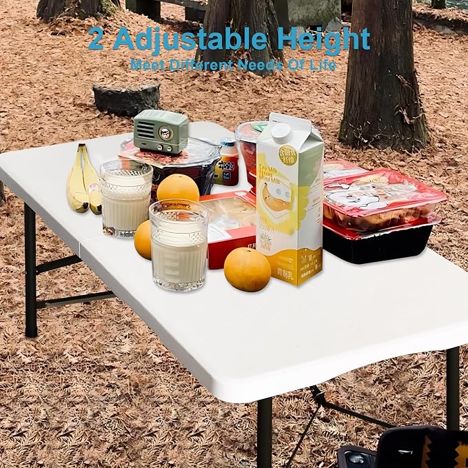 Bblife 4ft Portable Folding White Event Table, Plastic Pinic Camping Table wiht 2 Adjustable Heights, Indoor Outdoor Heavy Duty Utility Table with Carry Handle, White