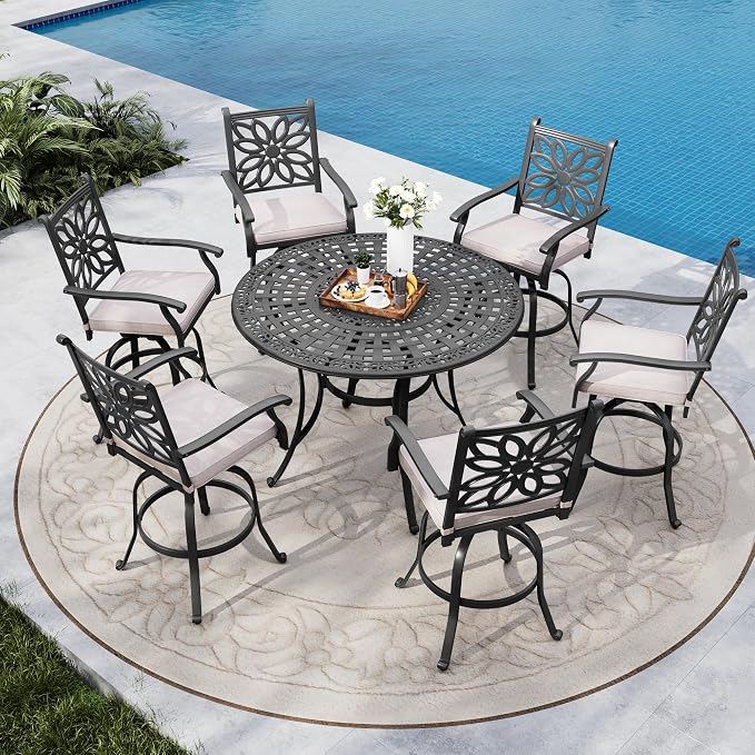 MFSTUDIO Outdoor Barstools Set of 4, Cast Aluminum Swivel Outdoor Bar Chairs, Bar Height Patio Chairs with Extra Wide Seat and Cushion, Brown, 350lbs