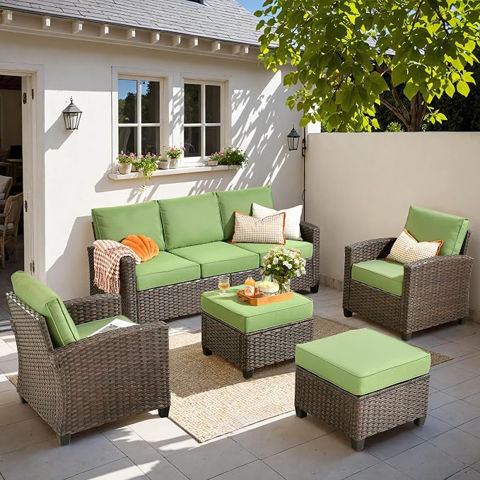 CAODOC Patio Furniture Sets, Outdoor Wicker Furniture with Ottomans, 5 Pieces Outdoor Sofa Couch Conversation Set with Cushioned Rattan Chairs for Garden Poolside Backyard, Green