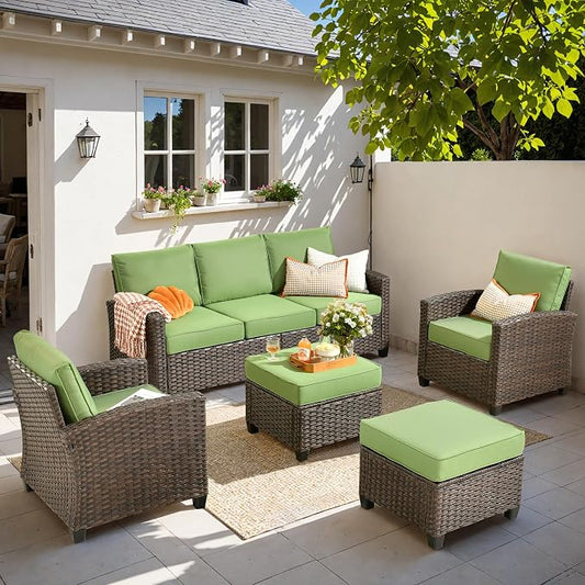 CAODOC Patio Furniture Sets, Outdoor Wicker Furniture with Ottomans, 5 Pieces Outdoor Sofa Couch Conversation Set with Cushioned Rattan Chairs for Garden Poolside Backyard, Green