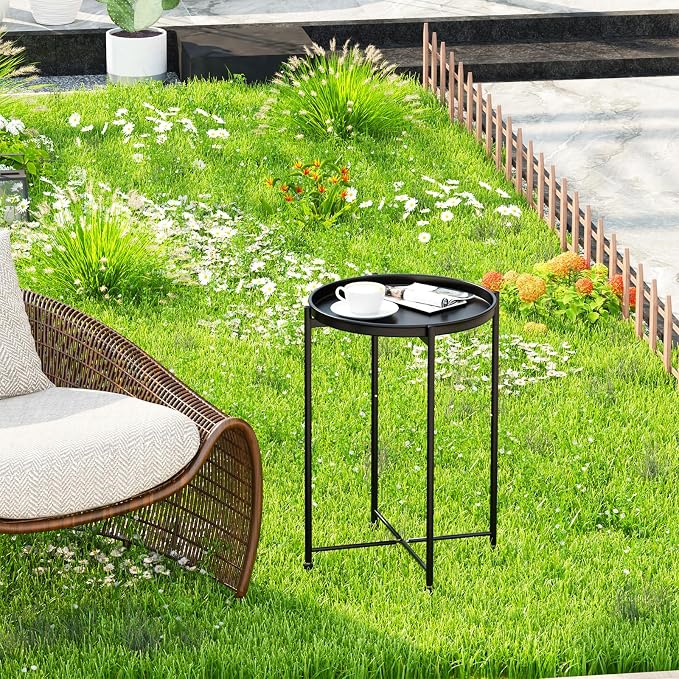 Garden 4 you Small Side Table, Mini Round End Table, Tray Table with Metal Frame, Modern Nightstand for Living Room, Bedroom, Patio, Small Space, 2pcs