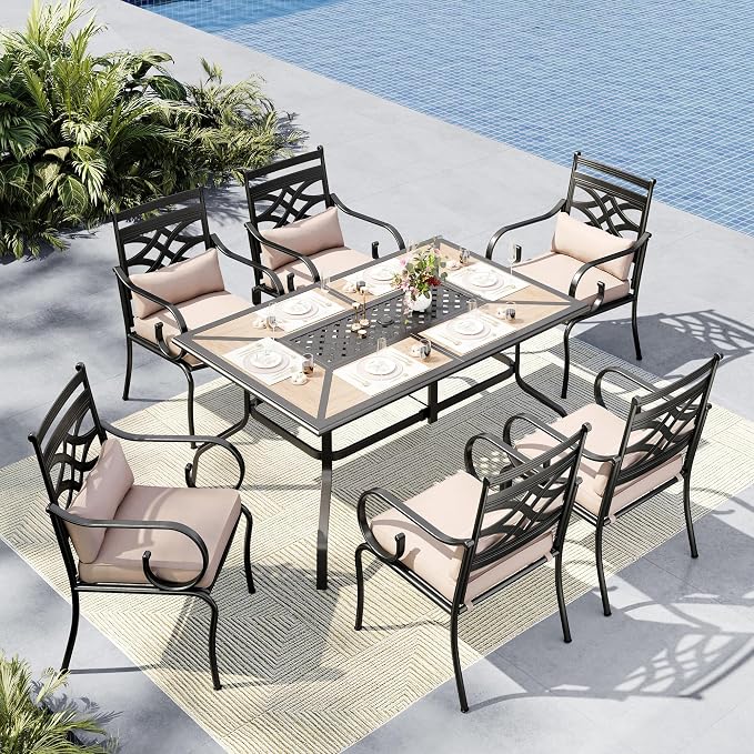 MFSTUDIO 7-Piece Patio Dining Set, 61.5" Metal Table, Cushioned Chairs | Fixed Chairs, Umbrella Hole, Seats 6, All-Weather Use