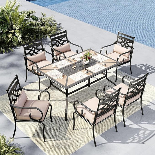 MFSTUDIO 7-Piece Patio Dining Set, 61.5" Metal Table, Cushioned Chairs | Fixed Chairs, Umbrella Hole, Seats 6, All-Weather Use