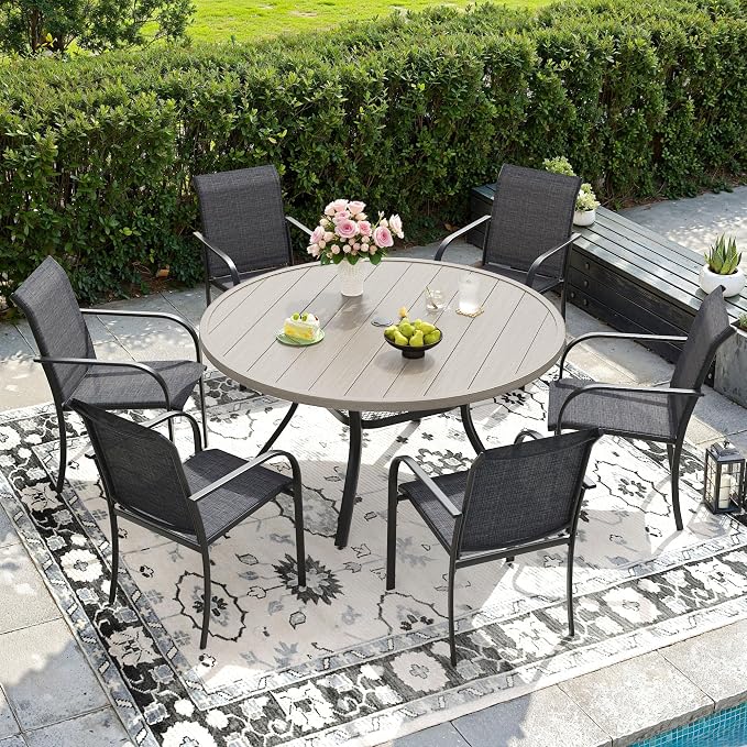 DIFY Outdoor Dining Set for 6, Patio Dining Furniture Set Includes 47.2" Grey Wood-Like Round Table with Adjustable Umbrella Hole and 6 Grey Stackable Metal Chairs for Poolside, Garden, Backyard