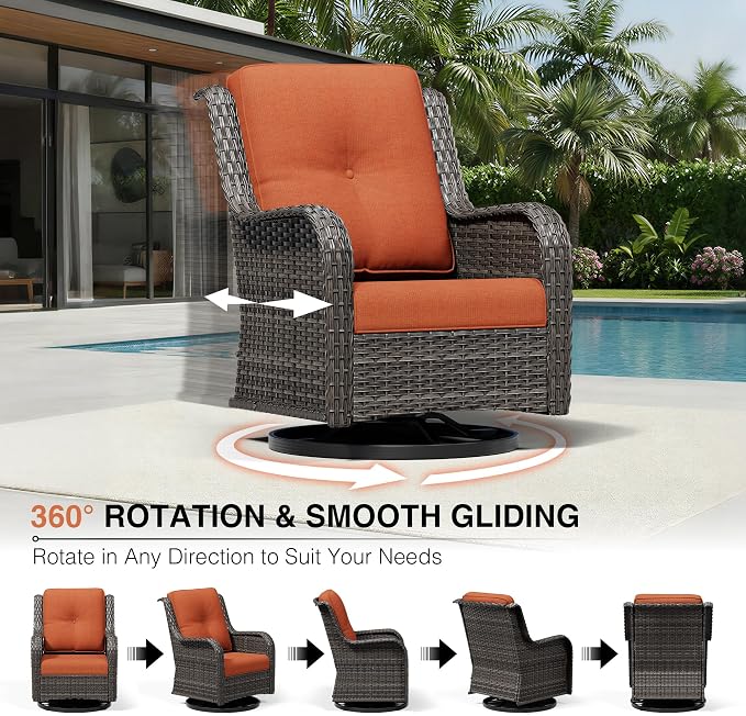 Joyside 5 Piece Wicker Patio Furniture Set, Outdoor Swivel Rocker Patio Chairs with High Back, Deep Seating, Wide Armrest, Thickened Cushions, Outdoor Furniture for Deck, Porch Use