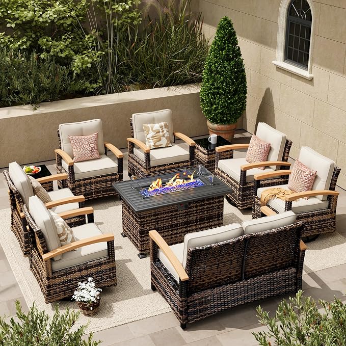 MEISSALIVVE 10 Pieces Patio Furniture Sets with Fire Pit Table, Wicker Outdoor Conversation Sets with 4 Swivel Rocker Chairs, 2 Single Chairs, 2-seat Sofa and Side Table(Beige)