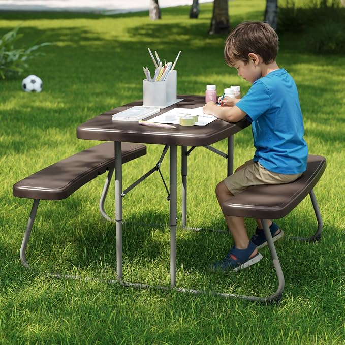 Flash Furniture Paige Easy-Fold Kids Outdoor Picnic Table and Benches - Commercial Grade Folding Plastic Play Table - Recommended for up to Age 5 - Brown