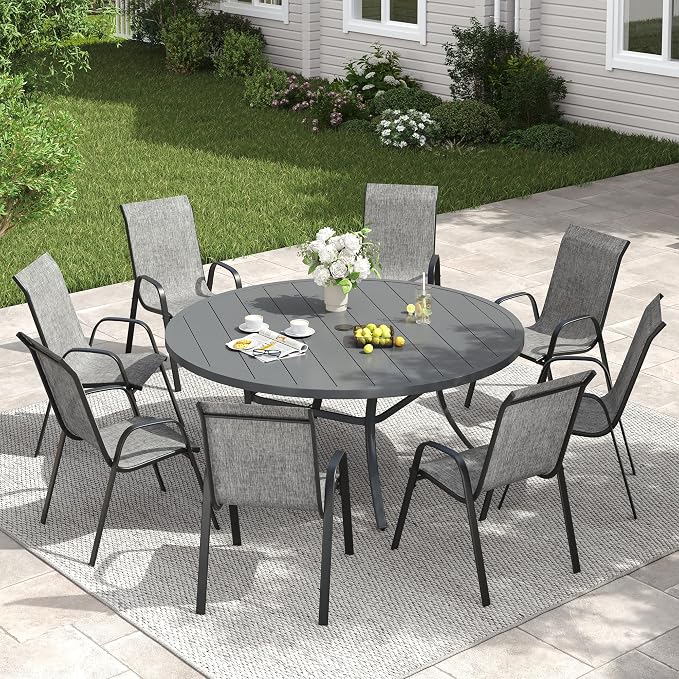 VICLLAX Outdoor Dining Set for 8, All Weather Metal 9 Pieces Patio Set-53 Round Outdoor Table and Stackable Chairs for Lawn Garden and Backyard, Grey Tabletop