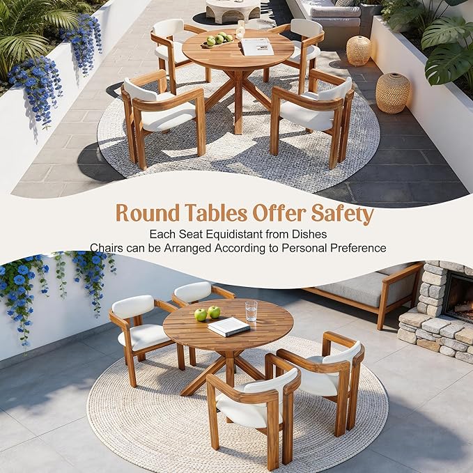 5-Piece Outdoor Acacia Wood Round Dining Set, All-Weather Round Dining Table and 4 Barrel Chairs & Removable Cushions, 5-Piece Patio Furniture for Backyard Deck Poolside (Beige Cush)