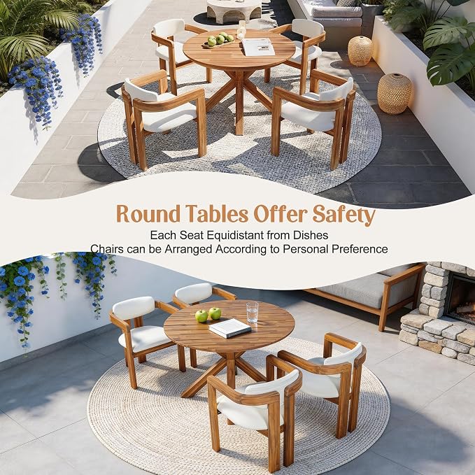 Christopher Knight Home Katy Modern 5 Piece Outdoor Dining Set, Round Dining Table Set for 4 with Chairs, Acacia Wood Patio Furniture Set with Barrel Chairs and Seat & Back Cushions, Beige+Brown