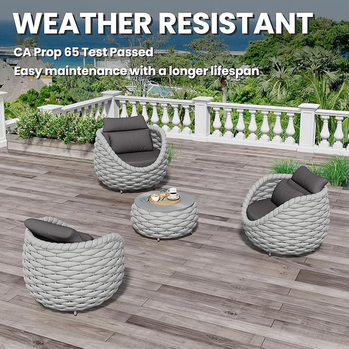 4 Pieces Courtyard Seating Set: Aluminum Woven Rope Patio Furniture Chair Set - All Weather Metal Outdoor Conversation Set - Assembled Armchair w/Table for Bistro Deck Porch Balcony Pool Hotel
