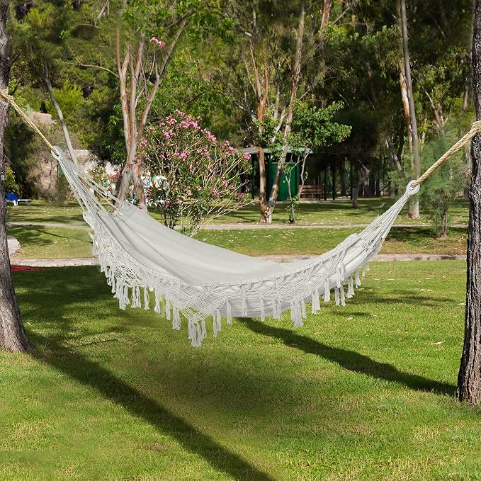 Boho Hammock Bed, Extra Large White Tree Hammock Hanging Bed with Macrame Tassel Fringe and Carrying Bag for Indoor Outdoor Backyard Patio Garden Relaxation