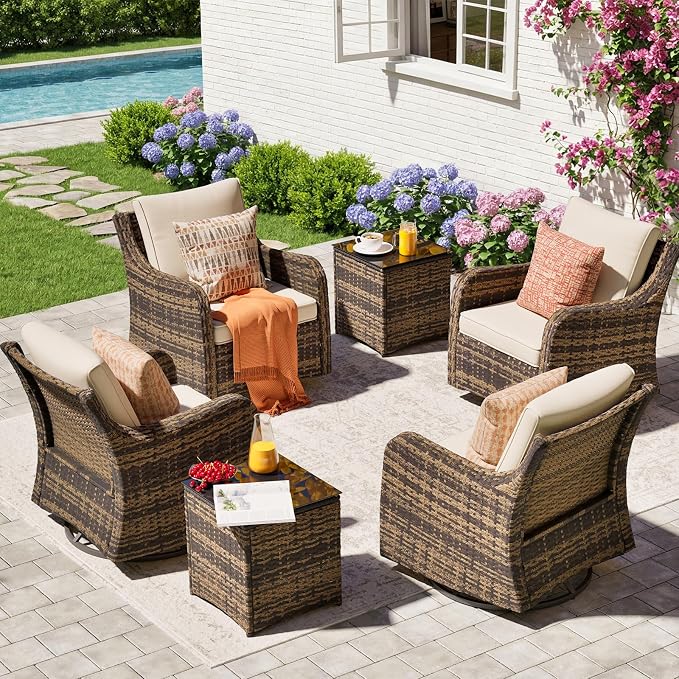 MEISSALIVVE Outdoor Patio Furniture Set with Swivel Chair, 6 Pieces Patio Conversation Set, Patio Sectional Furniture Set with 4 Swivel Rocker Patio Chair and 2 Side Table (Brown)