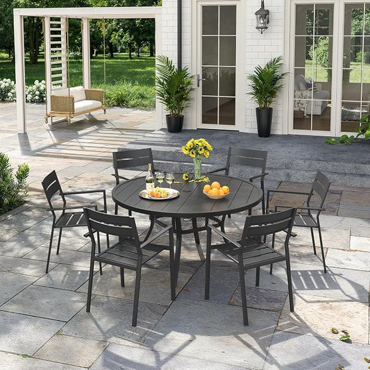 VICLLAX Patio 7 Pieces Outdoor Dining Set, Wrought Iron Metal Outdoor Table and Chairs Set, 47" Round Table with Umbrella Hole and 6 Stackable Chairs for Lawn, Garden, Porch, Black