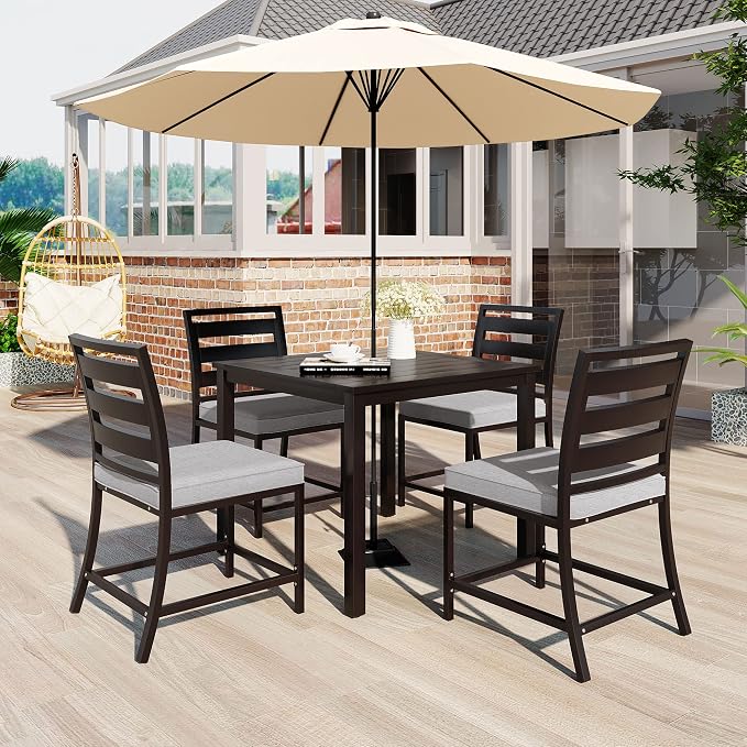 5-Piece Patio Dining Table Set, Steel and Acacia Wood Four-Person Dining Table and Chairs, Modern Conversation Furniture for Courtyards, Balconies, Lawns (Dark Brown/Outdoor, 5 Piece)