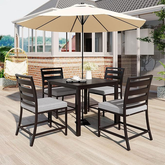 5-Piece Patio Dining Table Set, Steel and Acacia Wood Four-Person Dining Table and Chairs, Modern Conversation Furniture for Courtyards, Balconies, Lawns (Dark Brown/Outdoor, 5 Piece)