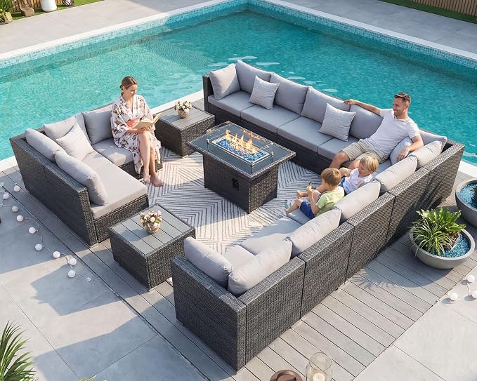 NICESOUL 15 Piece Outdoor Patio Furniture Set with Fire Pit, Extra Large Wide Outdoor Deep Seated Sectional, Cozy 29.3'' High-Back Modular Couch, 500 Lbs High Weight Capacity Wicker Sofa, Light Gray