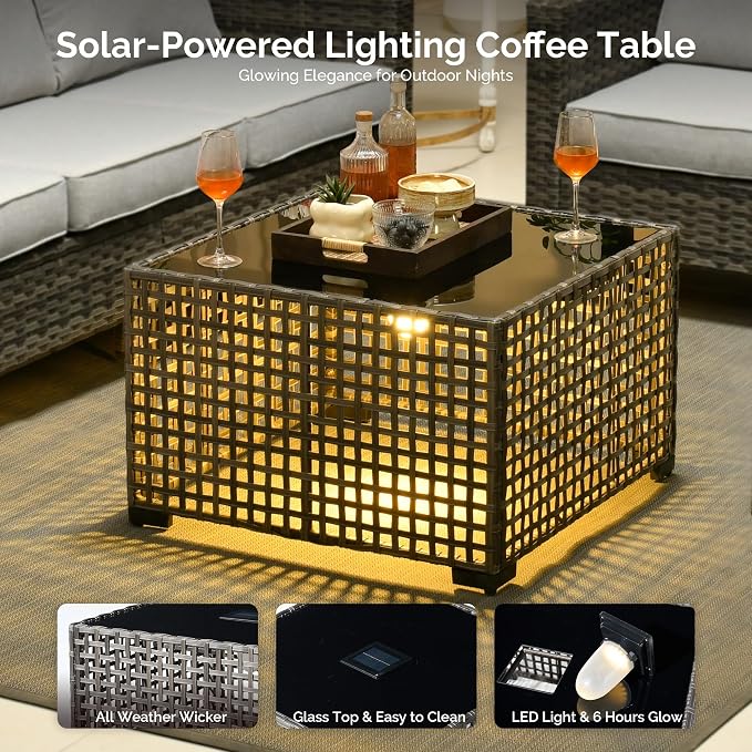 6 Piece Wicker Patio Furniture Set with Solar Table, Gray | Outdoor Deep Seating Sofa Chair Ottoman, Solar Lights Table, All Weather Rattan, Modern Conversation Set, Porch Deck Backyard
