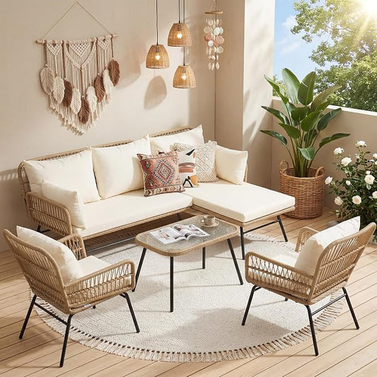 NICESOUL 5Pcs Boho Outdoor Patio Furniture Set, High Back L-Shaped Outdoor Couch with Side Table, 500lbs Sturdy Comfy Wicker Sectional Sofa for Garden Balcony Deck Porch or Backyard, Beige
