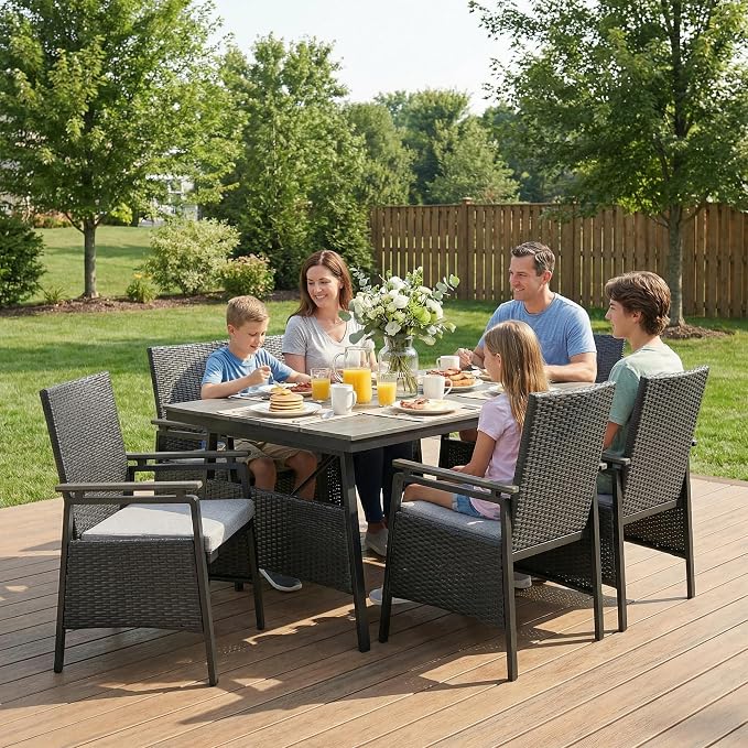 7 Piece Patio Dining Set, Outdoor Dining Table Set for 6, Aluminum Outdoor Dining Sets with Removable Cushions, Space Saving Rectangular Dining Table and Patio Chairs for Balcony/Deck, Black