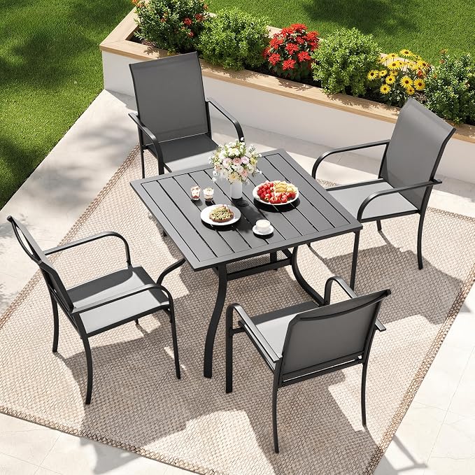 Incbruce 5 Pieces Patio Dining Set, Outdoor Dining Set of 4 Textilene Chairs and Square Table with Umbrella Hole for Backyard, Garden, and Poolside (Grey)
