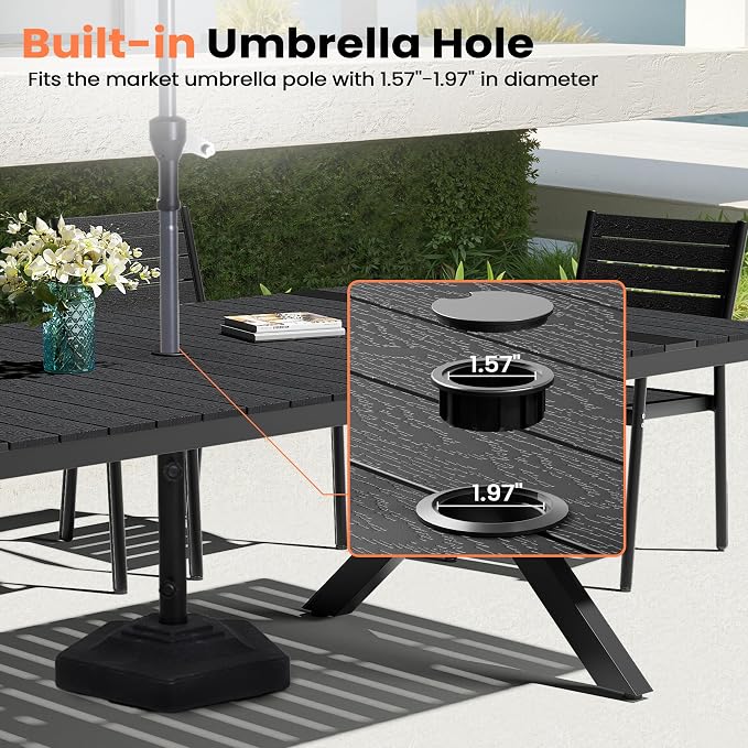 Pellebant 118" Outdoor Dining Table for 8-12, 10ft Aluminum Patio Table with Umbrella Hole, Weather Resistant Black Wood Grain Tabletop and Sturdy Frame for Deck, Porch, Backyard