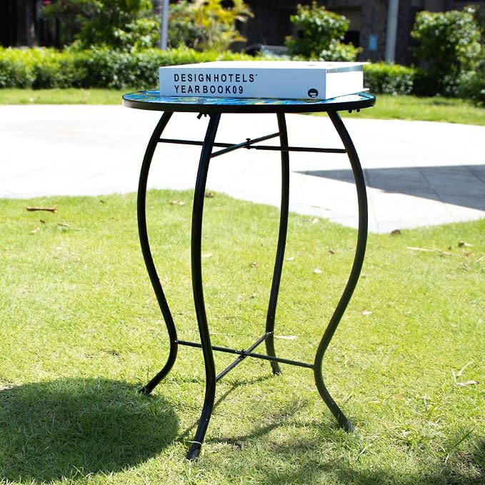 12 Inch Round Peacocks Glass Side Table, Patio Small Table, Outdoor Side Table, Outdoor Bar Table, Metal Glass End Table for Porch Garden Patio Pool Living Room