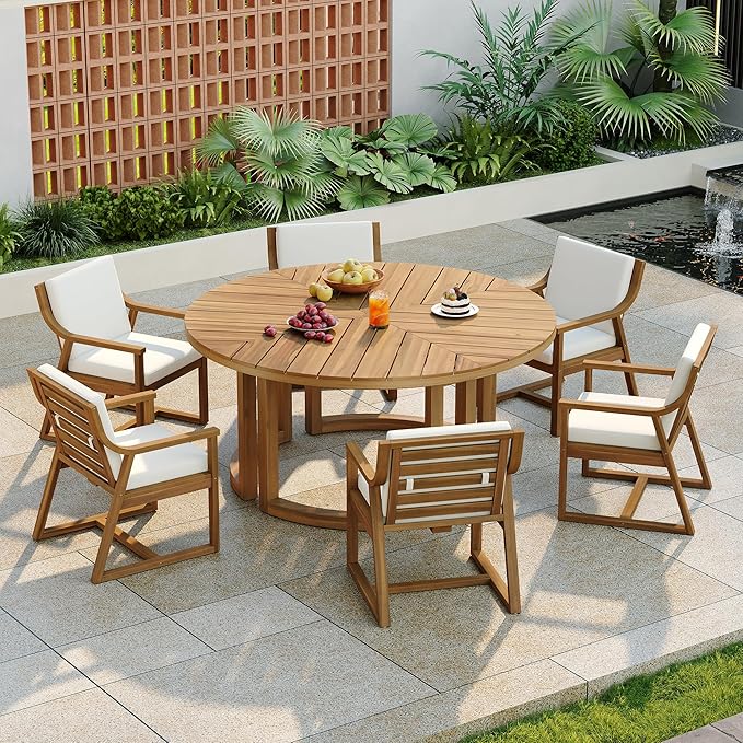 7-Piece Patio Dining Table Set for 6, 59" Round Wooden Table with 1.96" Umbrella Hole, Outdoor Furniture with Removable Beige Cushions, Mocha Finish, for Garden Backyard Poolside (Light Teak1)