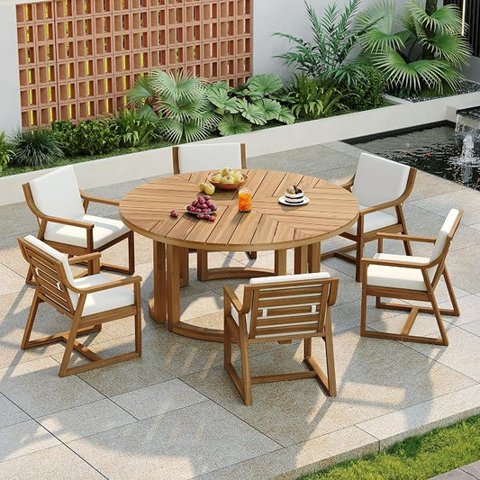 VilroCaz Acacia Wood Outdoor Dining Set for 6, All-Weather Outdoor Round Dining Table with 1.96" Umbrella Hole and 6 Armchair& Removable Cushions for Patio Backyard Pools (Light Teak-2.14)