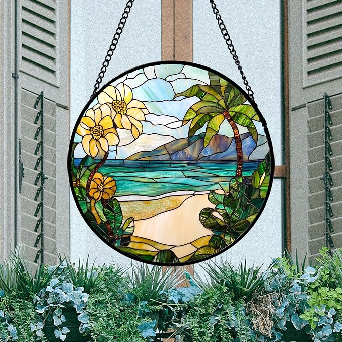 DASTOLL Stained Glass Window Hanging 4 Pcs Set Blue Ocean Coconut Tree Scenery 9.8" - Suncatcher Door Garden Sun Catcher Decor Birthday Christmas for Mom Woman Nana Men
