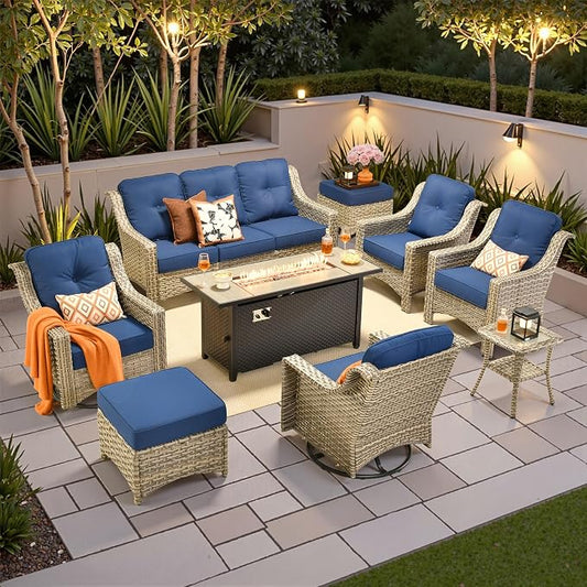 9 PCS Outdoor Patio Furniture Sets,Patio Conversation Sets Outside Rattan Soft Cushion Sofa with 2 Wicker Rocking Chairs & 54 in Fire Pit Table Fit Backyard Porch Garden Poolside Balcony,Navy Blue