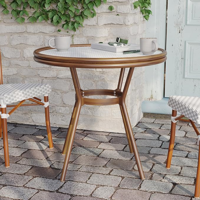Flash Furniture Lourdes Indoor/Outdoor Commercial Bistro Table - Tempered Glass Top - PE Rattan - Natural Bamboo Print Aluminum Frame - 31.5" - White/Gray