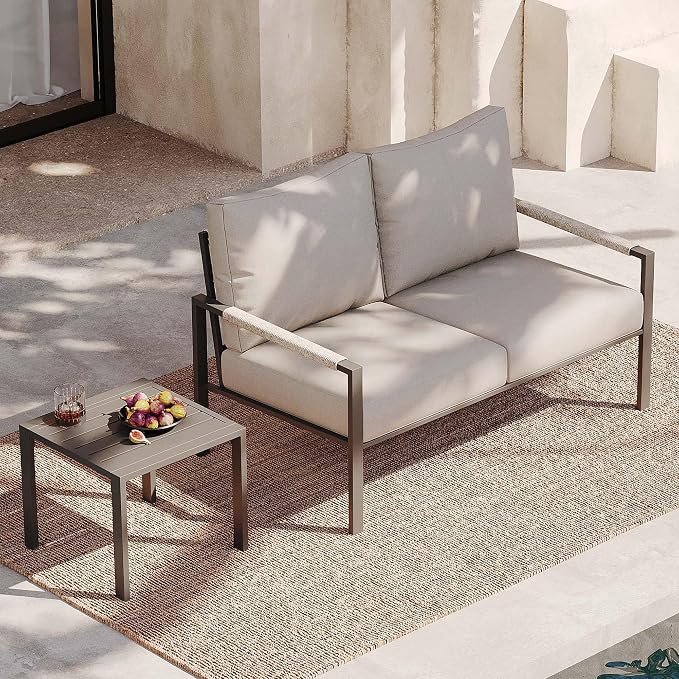 Sundale Outdoor 2 Pieces Metal Outdoor Furniture Set, Patio Loveseat with 6 Inch Cushions and Coffee Table, All- Weather Patio Sofa for Garden, Backyard, Porch or Balcony, Light Grey