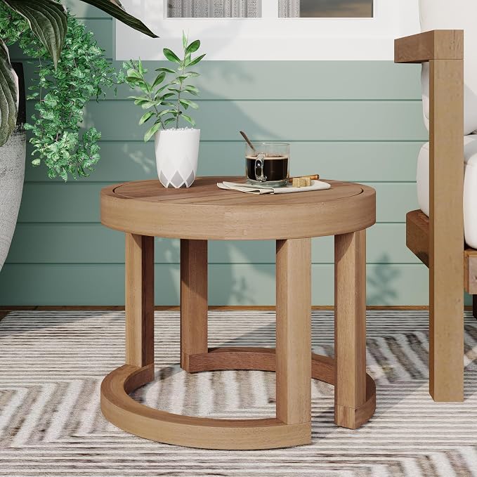 Outdoor Side Table, 18" Farmhouse Acacia Wood Round End Table Patio End Side Table, Round Sofa Side Table Coffee Table for Patio Porch Lawn Living Room (J-Brown)
