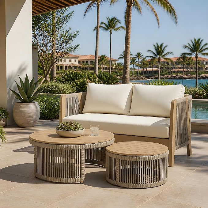 Christopher Knight Home Dalba Acacia Wood Outdoor Loveseat and Coffee Table Set, 3 Piece Patio Furniture Set with Removable Cushion, Solid Wood Outdoor Conversation Set, Light Teak+Beige