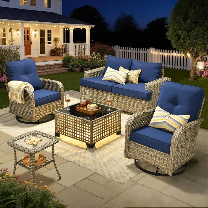 Rattan Patio Furniture Set with Swivel Chairs,6 Pieces Outdoor Sectional with Glowing Coffee Table,Out Door Furniture Conversation Set,Navy Blue